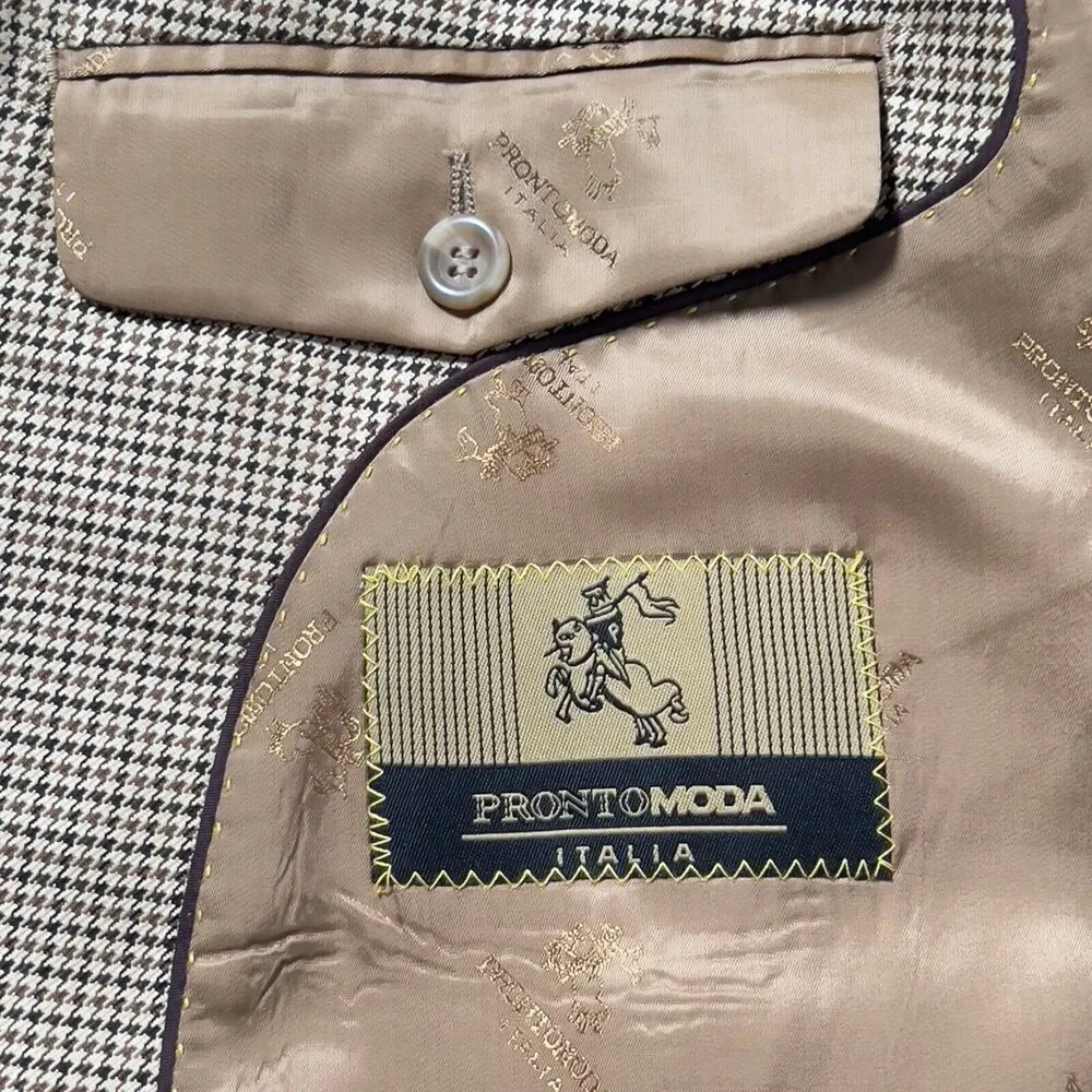 Pronto Moda Italia Cashmere Silk Wool‎ Blazer Mens Sz 46R Houndstooth Brown